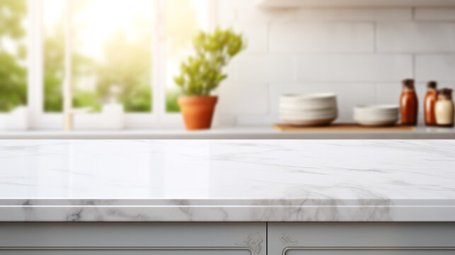 White marble texture table top on blurred kitchen background created with Generative Ai