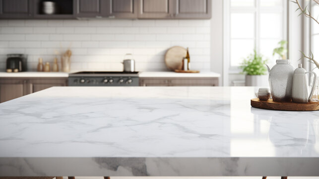 White marble texture table top on blurred kitchen background created with Generative Ai