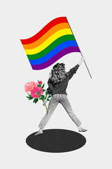 Creative vertical poster image collage jumping young lady rainbow flag protest demonstrate rights...