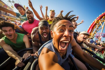 Group of diverse friends screaming with excitement on a roller coaster ride at an amusement park, capturing the thrill and adrenaline - obrazy, fototapety, plakaty