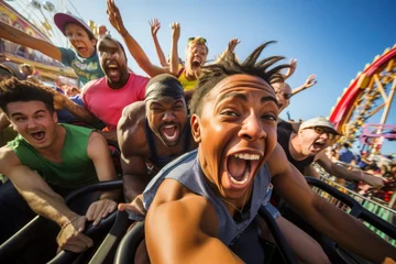 Foto auf Acrylglas Group of diverse friends screaming with excitement on a roller coaster ride at an amusement park, capturing the thrill and adrenaline © ChaoticMind