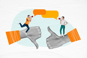 Creative collage of two black white effect arms demonstrate thumb up down mini people communicate...