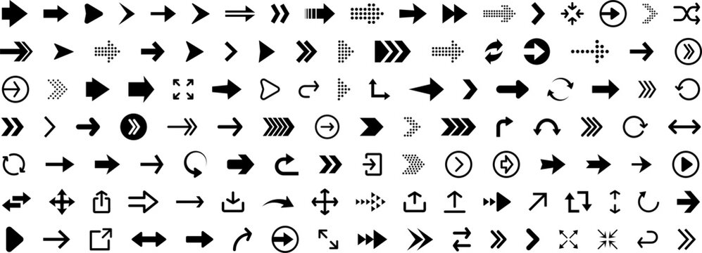 Arrows Icon. Arrow Icons Set. Black Vector Arrows Collection. Cursor Vector Icon. Collection Different Arrows On Flat Style For Web Design Or Interface. Direction Symbols. Vector Illustration