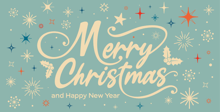 Merry Christmas and Happy New Year banner printable, vintage, Holiday card, vector with Merry Christmas in cursive, writing, text, clipart, vector for tags, sign, email signature, header, social media