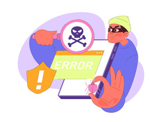 A tech-savvy individual confronts a dangerous skull symbol, representing the pervasive threat of malware, while a shield warns of system vulnerability. Vector flat illustration.