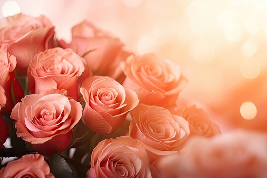 background of fresh red roses illuminated by sun rays for Valentine's day and 2/3 free space in the right corner for text. peach shade
