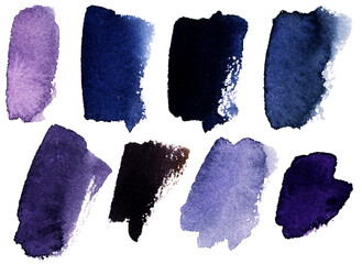 Lavender, violet, lilac watercolor stains set on a clean white canvas. Abstract unique violet...