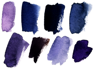 Lavender, violet, lilac watercolor stains set on a clean white canvas. Abstract unique violet watercolor elements, can be used like a pattern. Shades of purple.