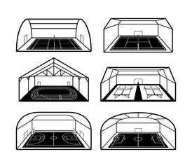 Covered sport facilities tournament command game playing monochrome line icon set isometric vector - obrazy, fototapety, plakaty