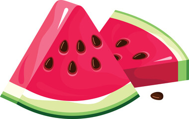 Two triangle pieces of fresh ripe watermelon with peel and seeds isometric vector illustration