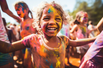 Obraz premium Close-up portrait of happy child with colorful powder on her face and clothes.