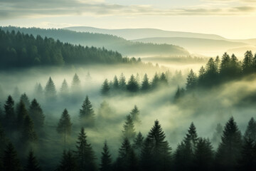 Paisaje aéreo de bosque con niebla al amanecer.
