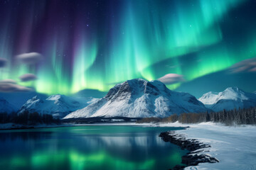 Aurora boreal entre las montañas nevadas. - obrazy, fototapety, plakaty