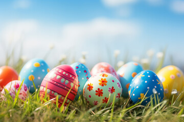 Fototapeta premium Huevos de pascua pintados en el jardín.