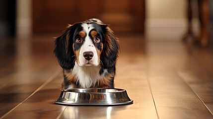 
Hungry or thirsty dog fetches metal bowl to get feed or water - obrazy, fototapety, plakaty