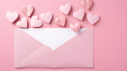 ove letter envelope with paper craft hearts - flat lay on pink valentines or anniversary background with copy space