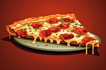 Pepperoni pizza slice on red background. Cartoon style