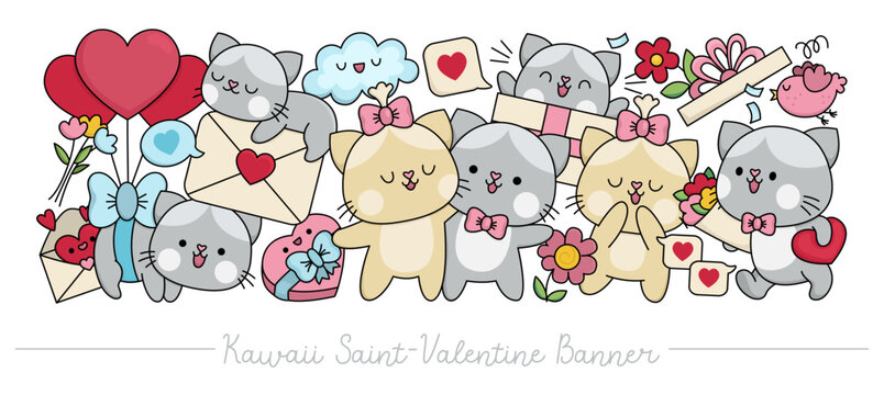 Saint Valentine horizontal banner with cute kawaii cats for kids. Vector kitten pair in love. Illustration with romantic symbols. Funny February holiday set for children with animals, hearts.