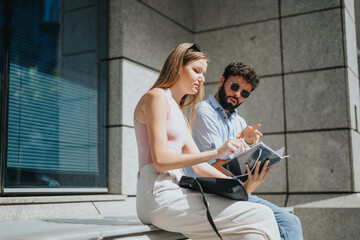 Young executives discuss business ideas in the urban city center during autumn. They strategize for expansion and growth, collaborating for successful revenue and market expansion.