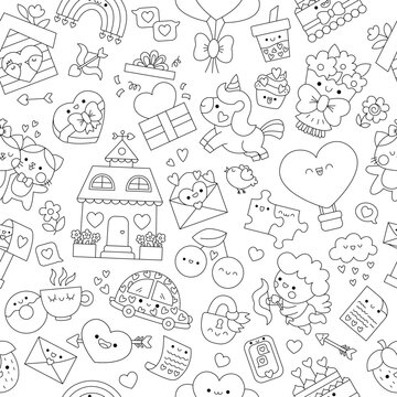 Vector black and white kawaii Saint Valentine seamless pattern for kids. Cute cartoon line repeat background. Love holiday symbols coloring page with unicorn, heart, cupid, flower, cat.