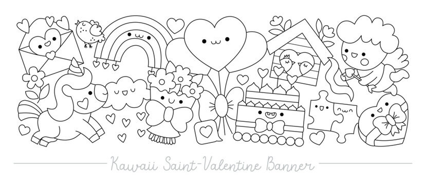 Saint Valentine black and white horizontal banner with cute kawaii characters for kids. Vector cupid, unicorn, rainbow, hearts. Line illustration with romantic symbols. Love holiday coloring page