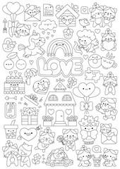 Vector Saint Valentine vertical line coloring page for kids with cute kawaii characters. Black and white love holiday illustration with funny cupid, unicorn, cats, hearts, flowers. Funny search poster