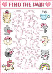 Saint Valentine maze for kids. Love holiday preschool printable activity with kawaii pairs. Labyrinth game or puzzle with cute cats, jigsaw puzzles, cup, doughnut, unicorn, rainbow. Perfect match