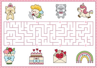 Fototapeta premium Saint Valentine maze for kids. Love holiday preschool printable activity with kawaii characters. Labyrinth game or puzzle with cute cupid, cats, unicorn, rainbow. Whose present.