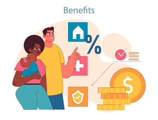 Young family explores financial benefits. Mother holding infant, father pointing at beneficial stats. Homeownership, interest rates, savings emphasized. Flat vector illustration.