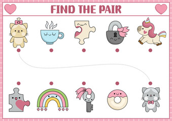 Saint Valentine matching activity for children with kawaii pairs. Fun love holiday puzzle with cute cats, cup, doughnut, unicorn, rainbow, lock, key. Printable worksheet or game for kids.