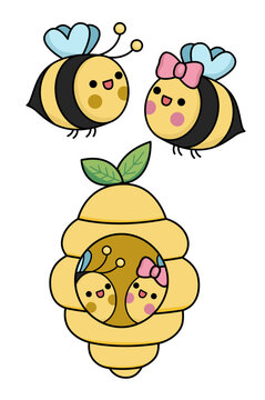 Vector kawaii beehive and flying bee icon for kids. Cute insect pair and their house illustration. Funny cartoon boy and girl characters and hive. Adorable love, family or Saint Valentine clipart.