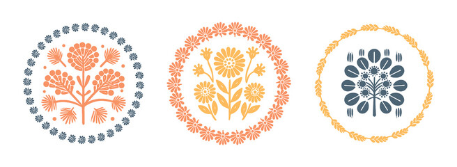 Prairie vector flower wreath isolated clipart set for rural folkart floral. Scandi retro plant sprig in decorative foliate folksy style collection.