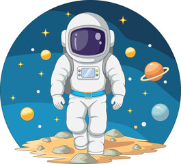 Cute astronaut walking on planet mars cartoon