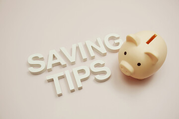 Saving tips alphabet letters and piggy bank with space copy on pink background