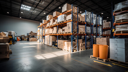 An empty warehouse aisle with neatly arranged shelves filled with boxes, and a forklift truck standing next to it