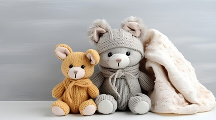 Children's toys on a light gray background, a knitted toy rabbit, children's clothes and accessories
