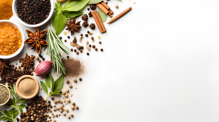 
Food background with spices, herbs and utensil on white background