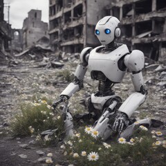 Naklejka premium An android robot and a flower