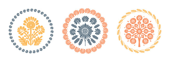 Prairie vector flower wreath isolated clipart set for rural folkart floral. Scandi retro plant sprig in decorative foliate folksy style collection.