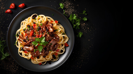 
Pasta fettuccine with beef ragout sauce in black bowl. Grey background. Copy space. Top view - obrazy, fototapety, plakaty