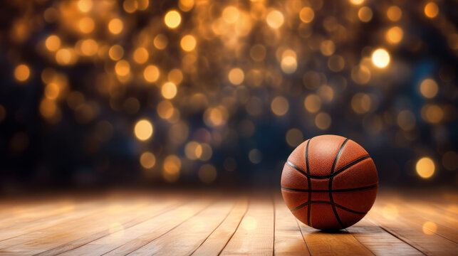 Basketball Ball On A Empty Wooden Table With A Background Of Bokeh Christmas Lights. Copyspace. Basketball Sport Xmas Backdrop