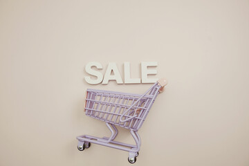 Sale alphabet letters with trolley shopping cart top view on pink background