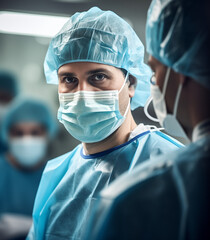 A surgeon man wearing a mask stands in an operating room, his unwavering concentration a testament to the precision.
