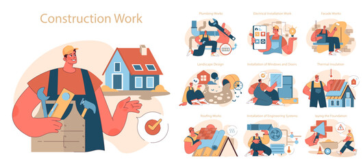 Construction work set. Diverse crew performing plumbing, electrical, facade, and roofing tasks, showcasing skilled craftsmanship. Flat vector illustration