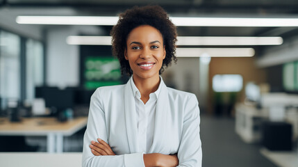 Successful CEO standing in an office. Portrait of a cheerful confident businesswoman. AI generated. - obrazy, fototapety, plakaty
