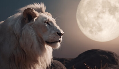 Albino lion in the light of the full moon