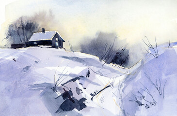 Fototapeta na wymiar Winter landscape with a small village.