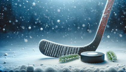 Hockey Stick And Hockey Puck On Snow Banner. Hockey Banner With Copyspace and Text Space. Snowy Hockey Winter Season - obrazy, fototapety, plakaty