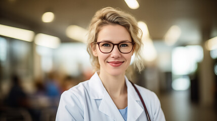 Confident successful female doctor at hospital . AI generative