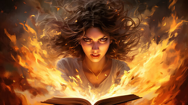 book ban concept, an angry woman in a fit of anger sits over an open book, unwanted information